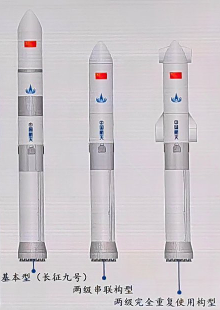 A diagram of a three-stage Long March 9 (left), a two-stage Long March 9 (center), and a fully reusable Long March 9 (right).