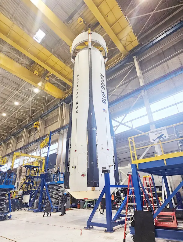 Blue Origin's newest New Shepard booster inside the company's factory ahead of its debut flight. ©Blue Origin