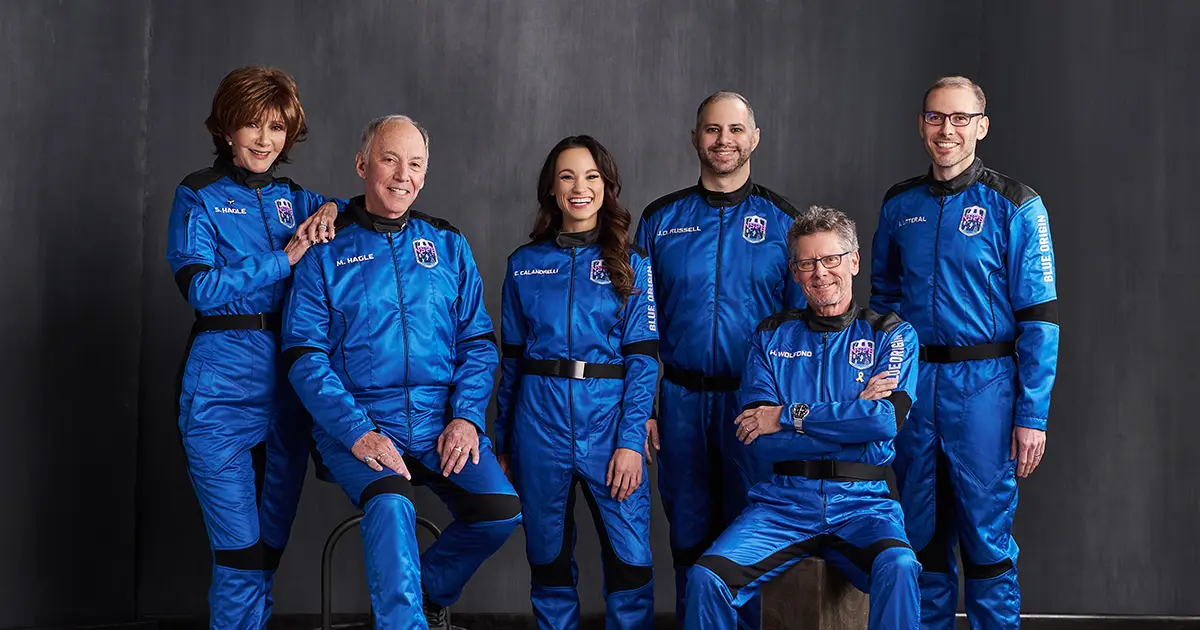 The NS-28 Crew (left to right): Sharon Hagle, Marc Hagle, Emily Calandrelli, J.D. Russell, Hank Wolfond, and Austin Litteral. ©Blue Origin