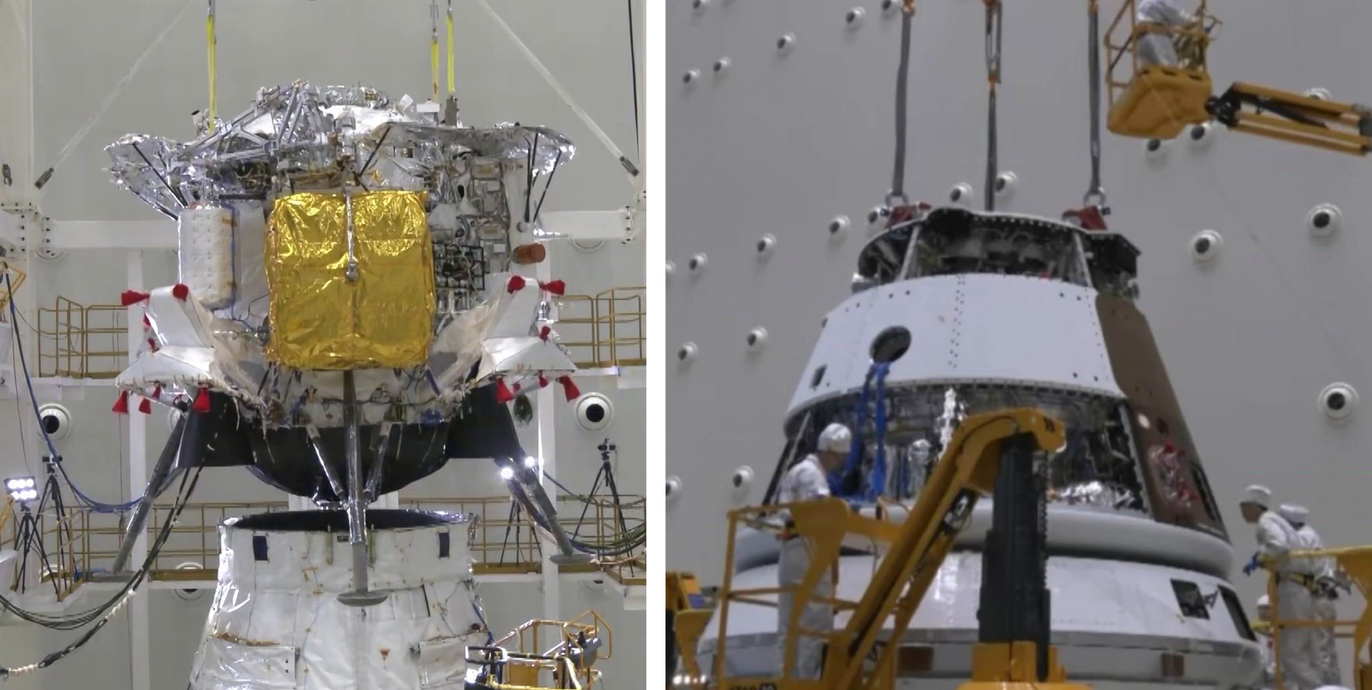 A prototype of the Lanyue lunar lander (left) and a prototype of the Mengzhou crew capsule (right). ©China Manned Space Agency