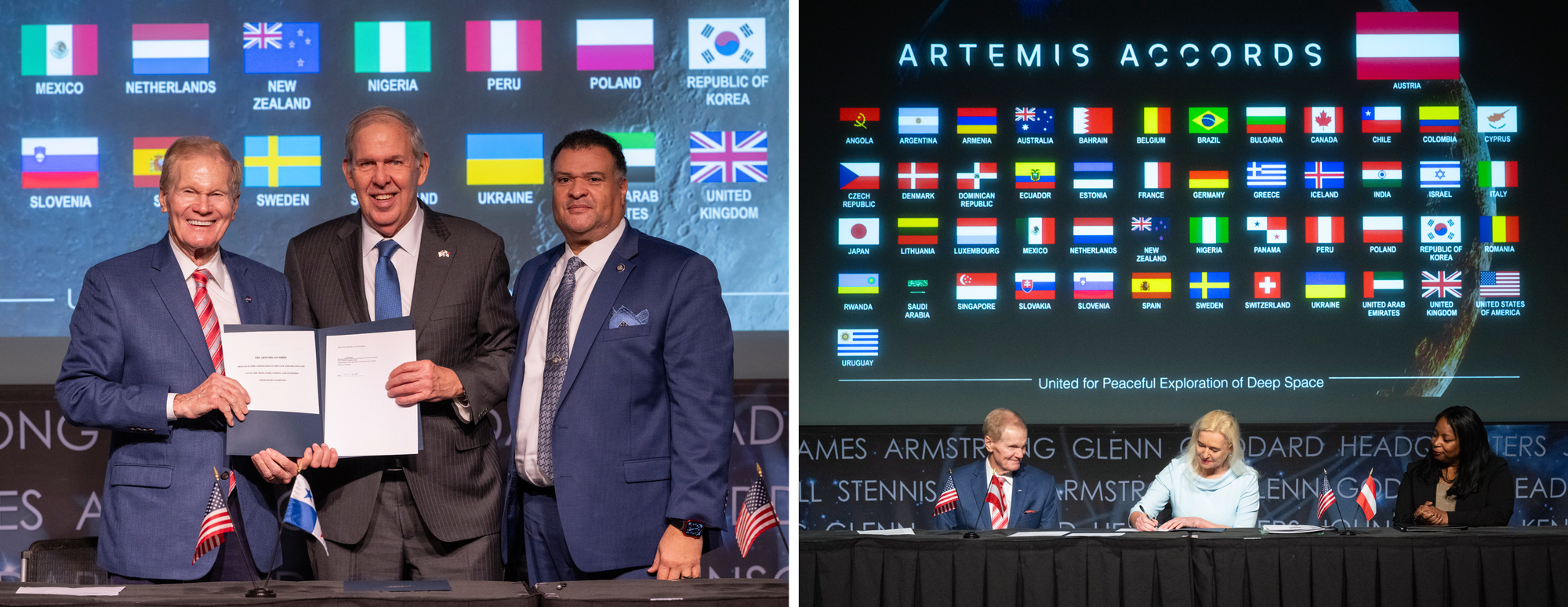 Panama (left) after signing the Artemis Accords and Austria (right) signing the Accords. ©Joel Kowsky/NASA