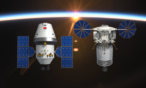 Renders of Mengzhou (left) and Lanyue (right) with Earth behind them. ©China Manned Space Agency