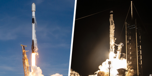 Liftoff of Transporter-10 (left) and Crew-8 (right). ©SpaceX